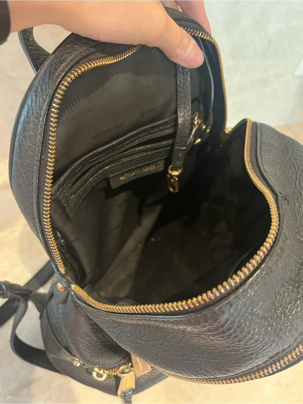 Michael Kors Black Pebbled Leather Backpack with Gold Hardware